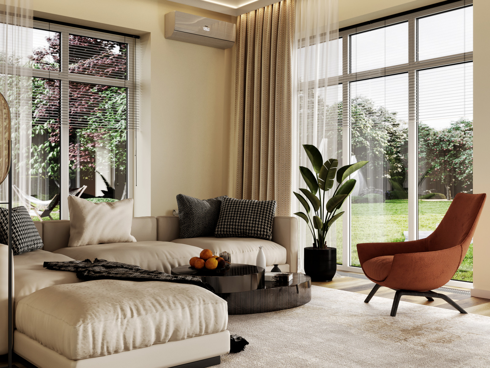 Обложка проекта: Гостиная в одноэтажном доме 250 кв.м в современном стиле