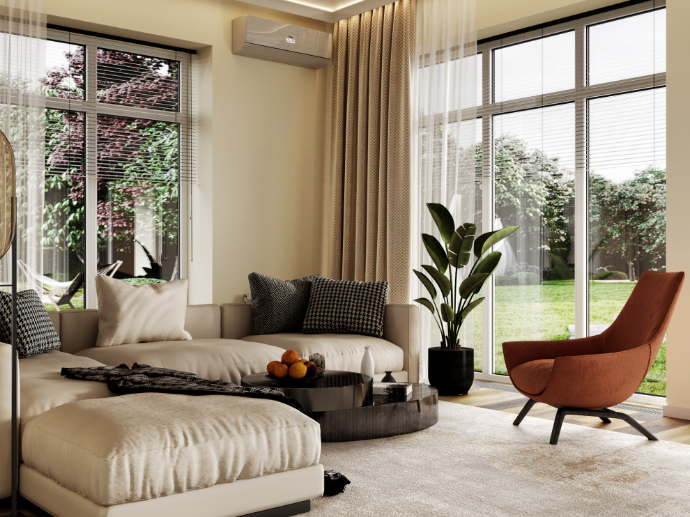 Обложка проекта: Гостиная в одноэтажном доме 250 кв.м в современном стиле