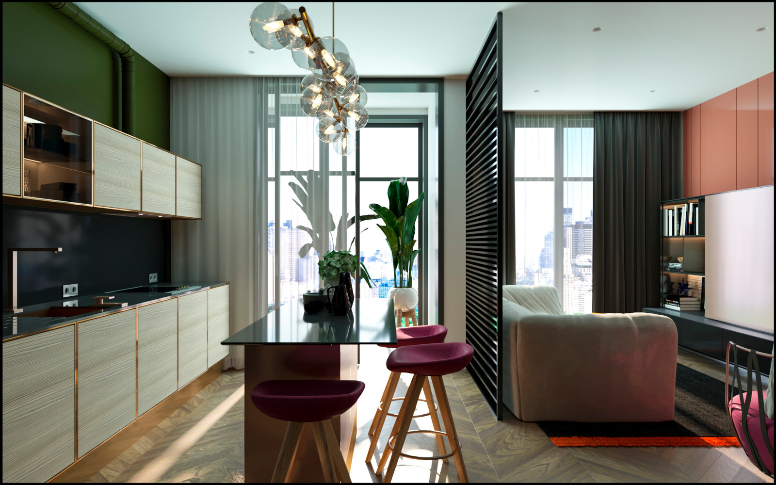 Современный дизайн кухни-гостиной в ЖК "ЗИЛАРТ"