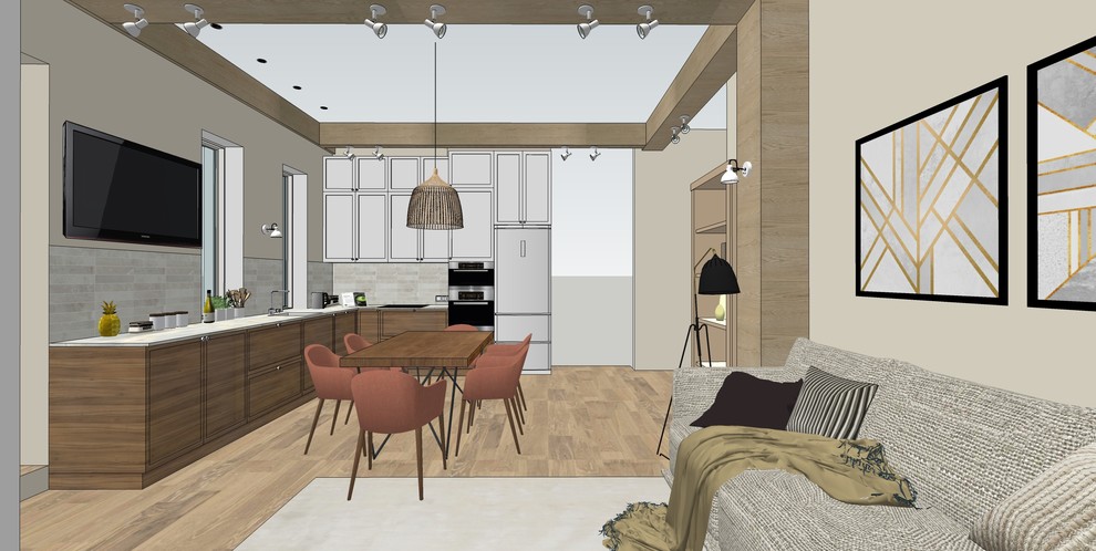 Деревянные балки в современной кухне-гостиной