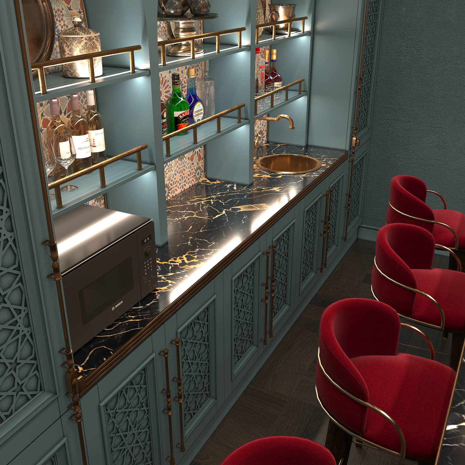 Интерьер Кинозала в цокольном этаже загородного дома в Восточном стиле