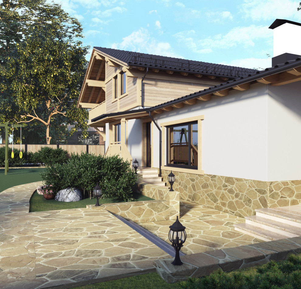 Визуализация решения по благоустройству вокруг дома. Пристройка к дому.