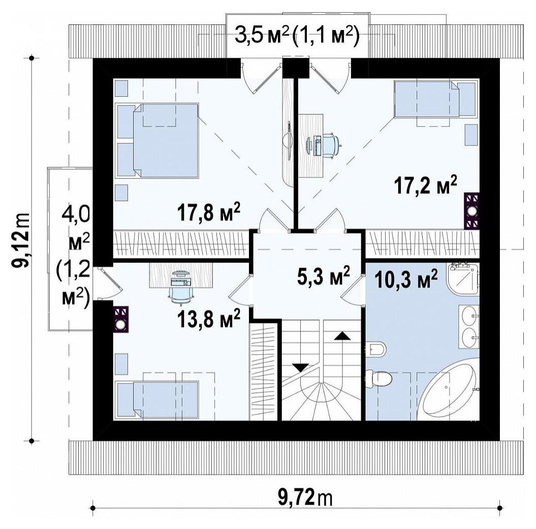 Дом с мансардным вторым этажом, балконом и четырьмя спальнями