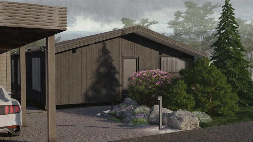 Вид на дом и навес спереди