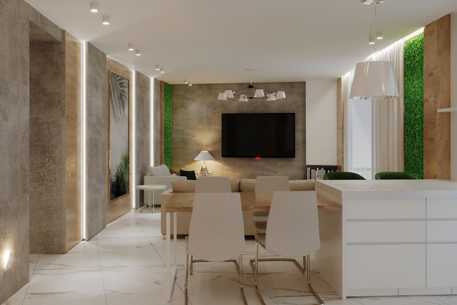 Светлые,минималистичные с сочными зелеными акцентами интерьеры