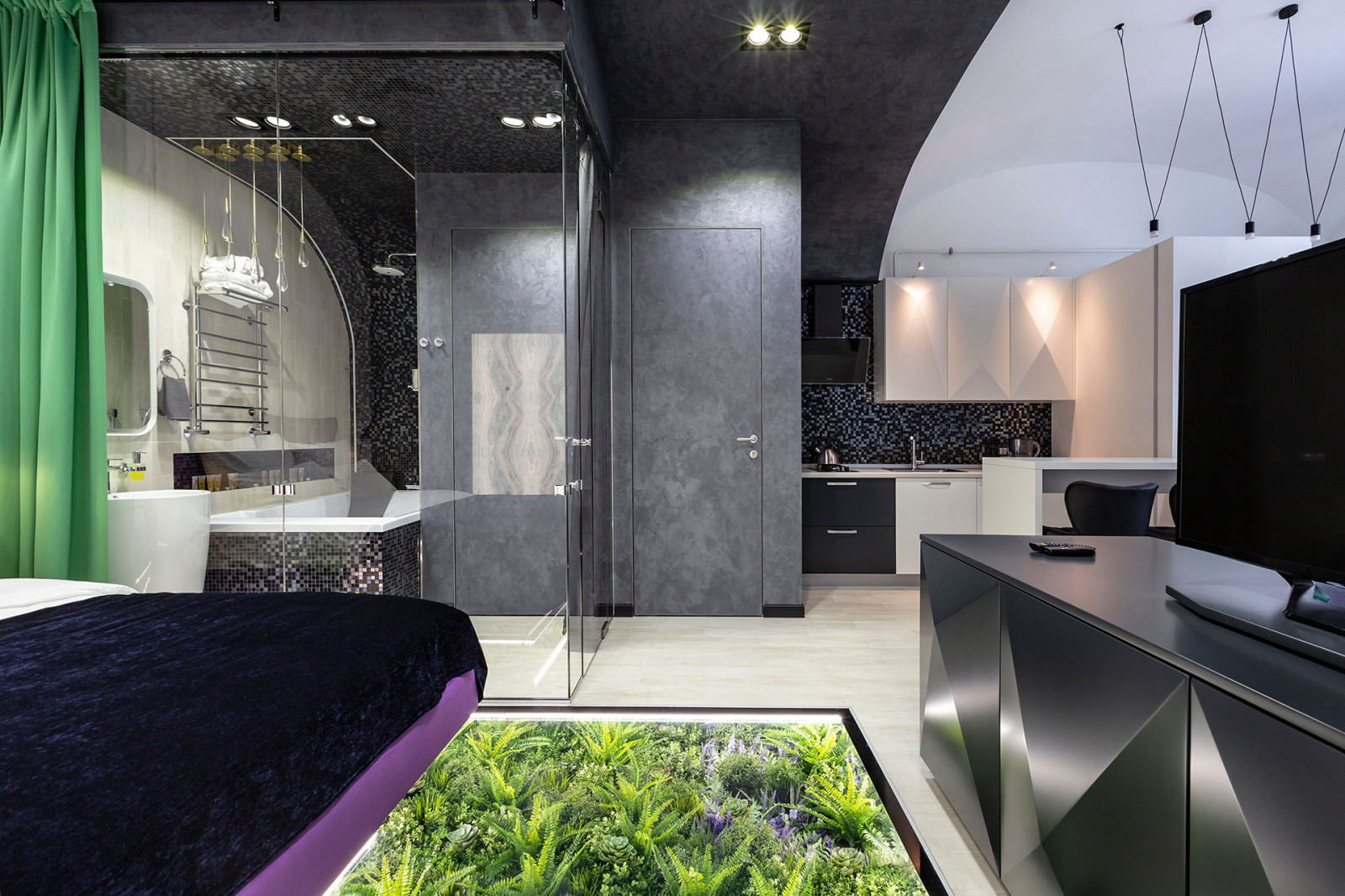 Studio with a soaring bed over grass-plot /Студия с парящей кроватью и лужайкой