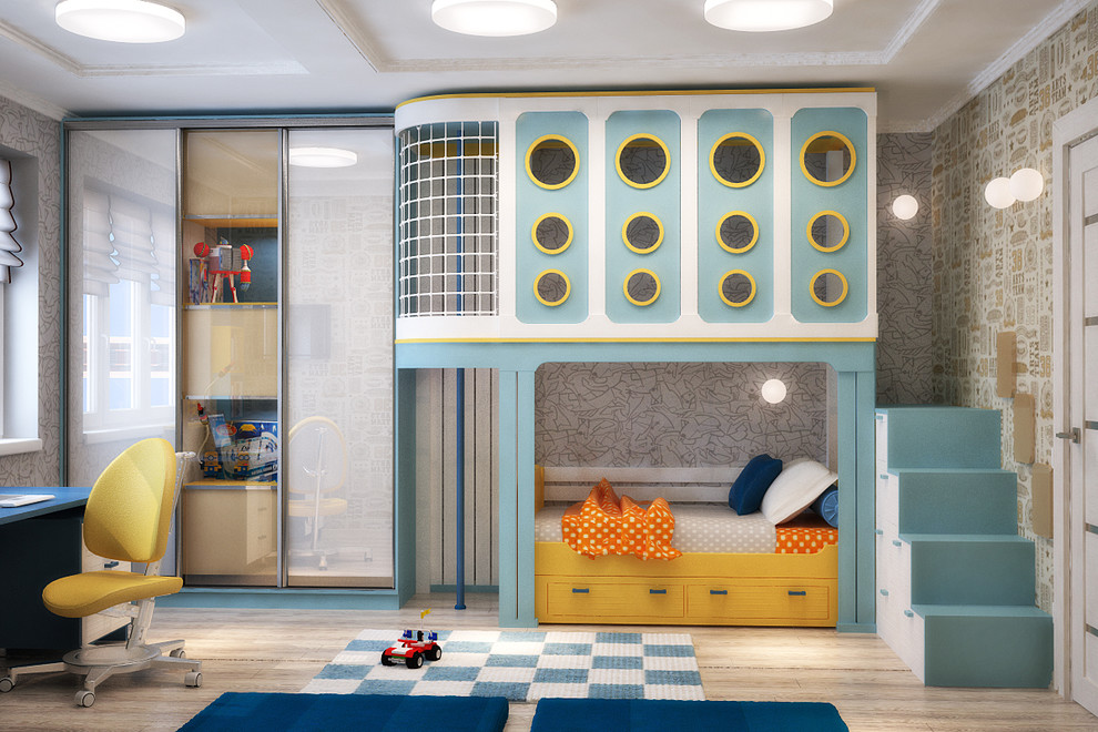 Sportive kids room for 2 children in blue and red - 3D vizualization