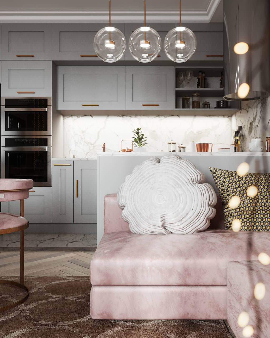 Gray-pink interior. Apartment in St. Petersburg in the neoclassical style