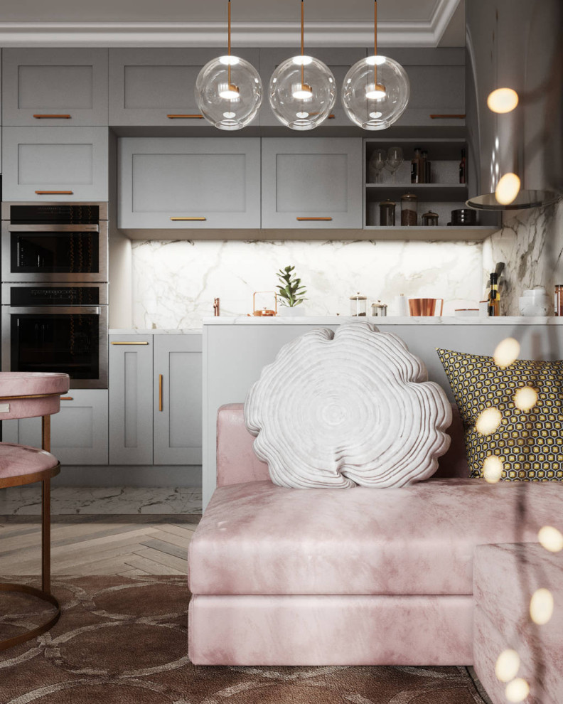 Gray-pink interior. Apartment in St. Petersburg in the neoclassical style