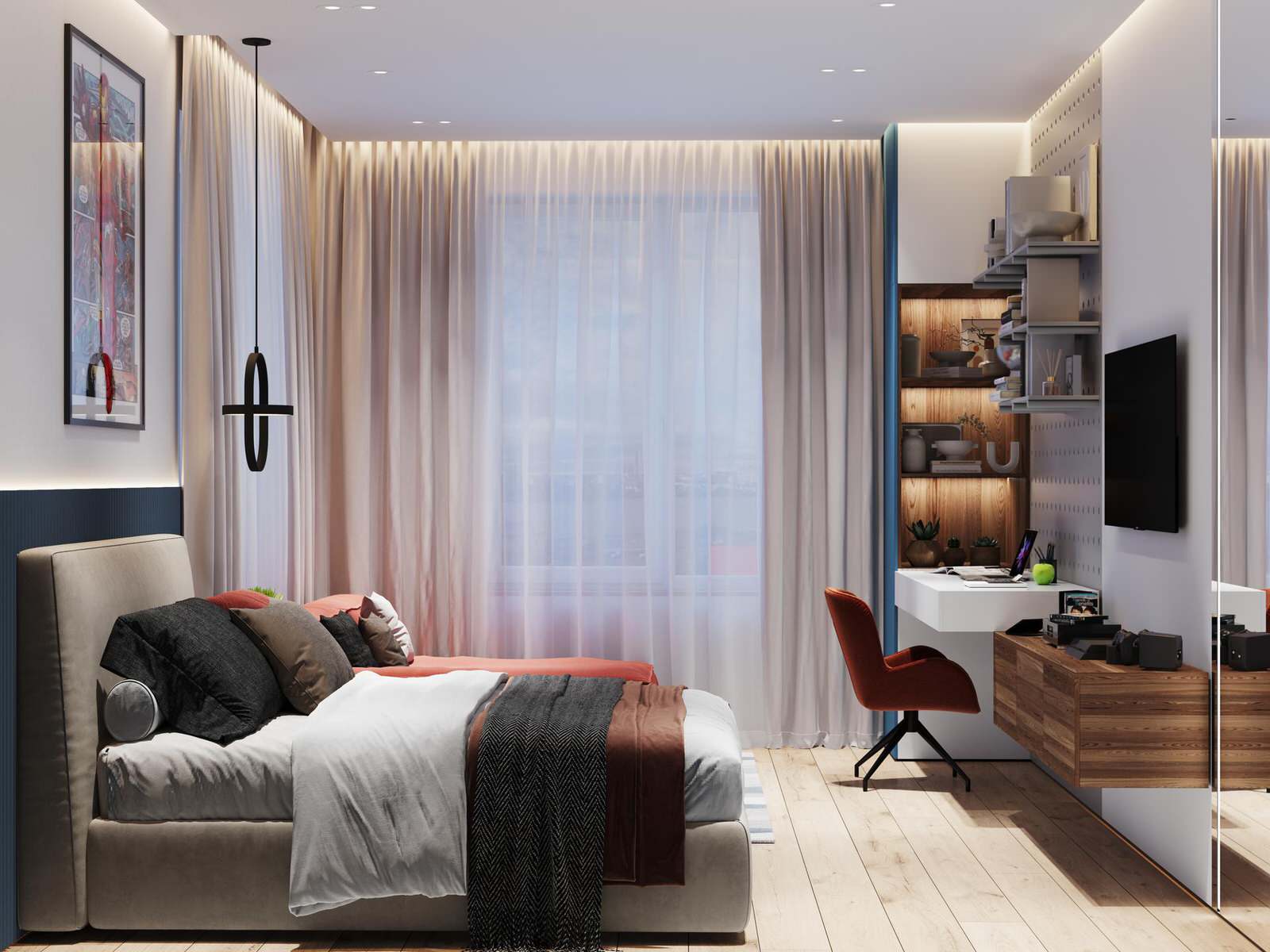 Современный стиль с синими акцентами в дизайне интерьера квартиры в ЖК "Цивилиза