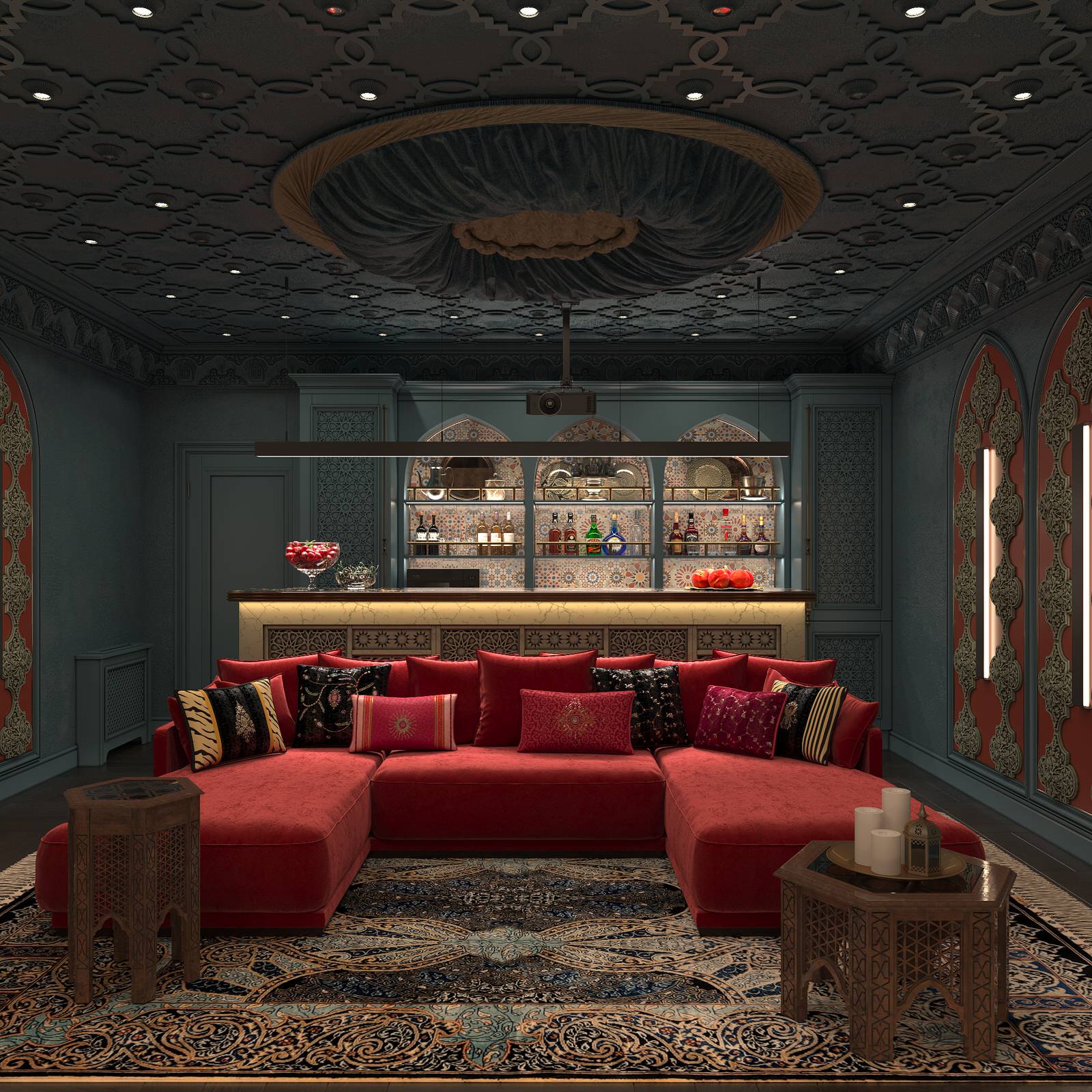 Интерьер Кинозала в цокольном этаже загородного дома в Восточном стиле