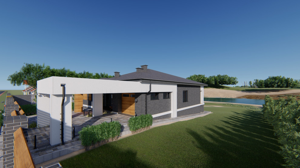 Проект жилого одноэтажного дома с террасой гаражом и навесом под одну машину