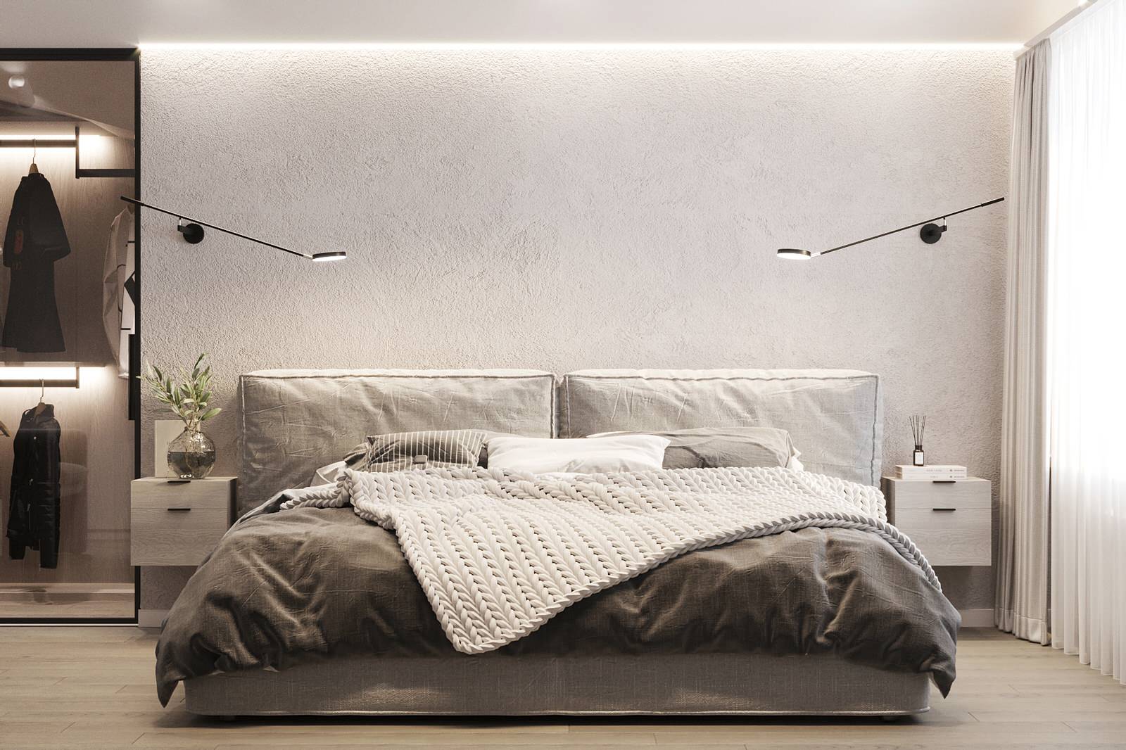 Обложка проекта: Белые интерьеры спальни и ванной комнаты