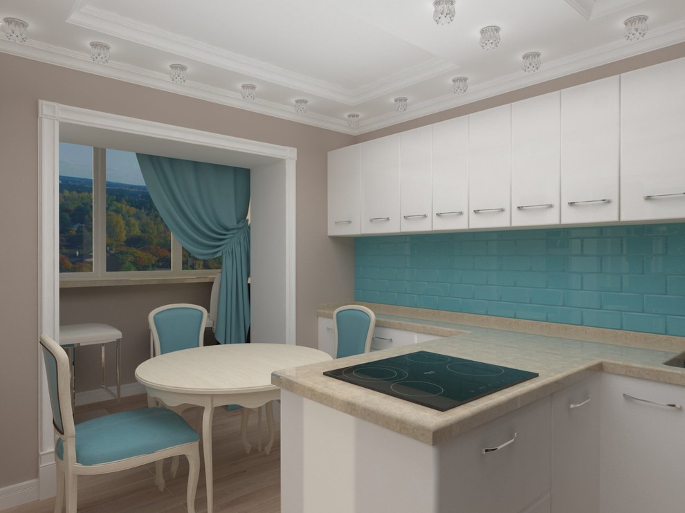 Кухня гостиная с бирюзовыми обоями