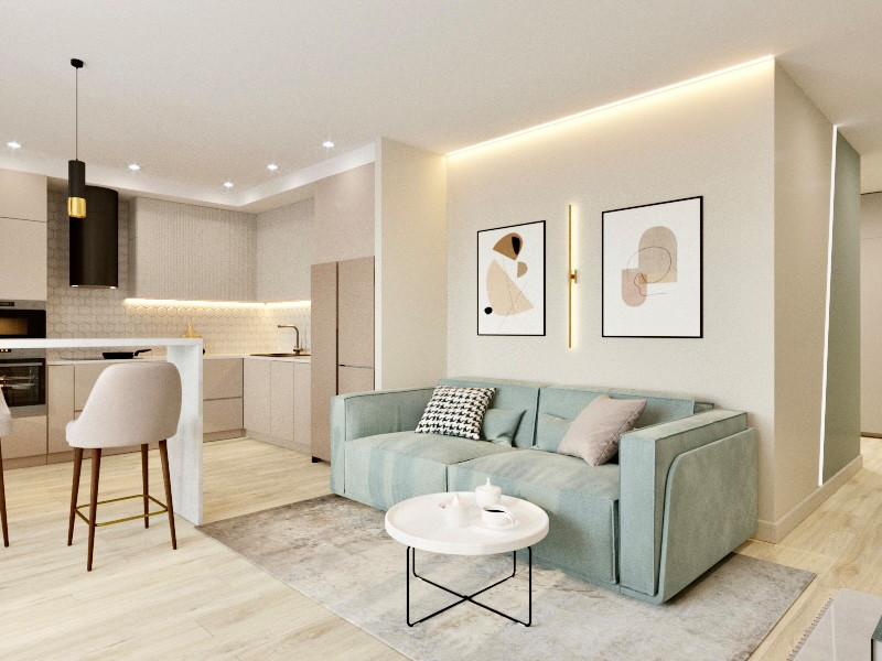 "Нотки Ментола" в кухни-гостиной для молодой пары в ЖК Лесопарковый