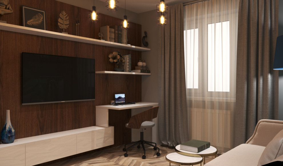 Дизайн небольшой гостиной с рабочим местом и авторскими яркими обоями