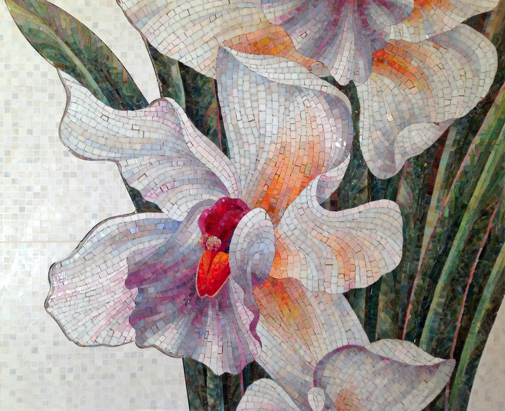 Мозаичное панно Орхидеи интегрированное в кафельную плитку (фрагмент)