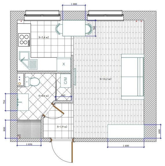 Квартира 28 м2, ул. Космонавтов, д. 10