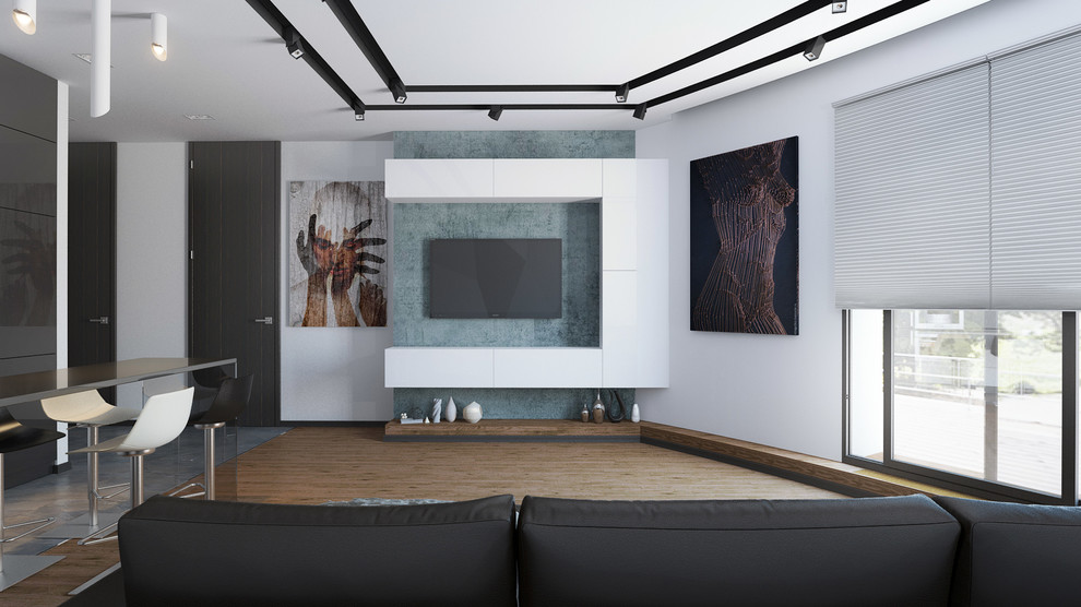 Черно-белый дизайн гостиной, объединенной с кухней