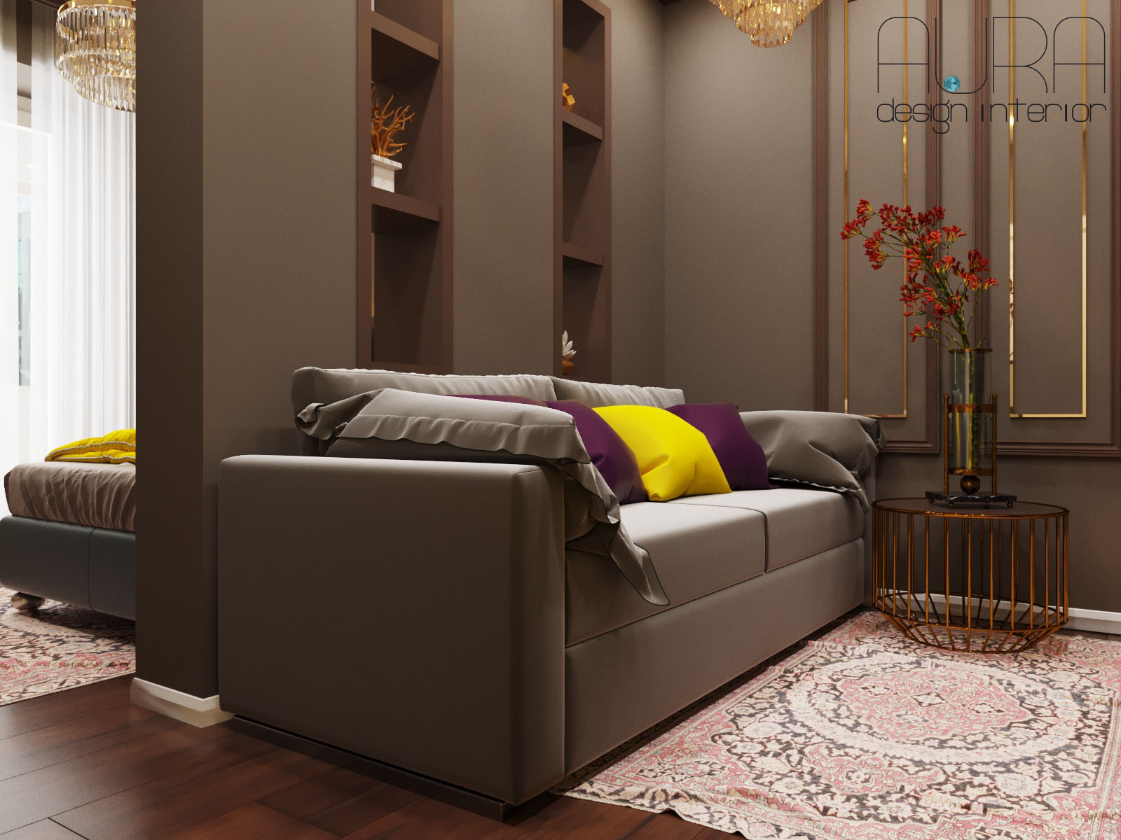 Дизайн квартиры, спальня гостиная в темных тонах