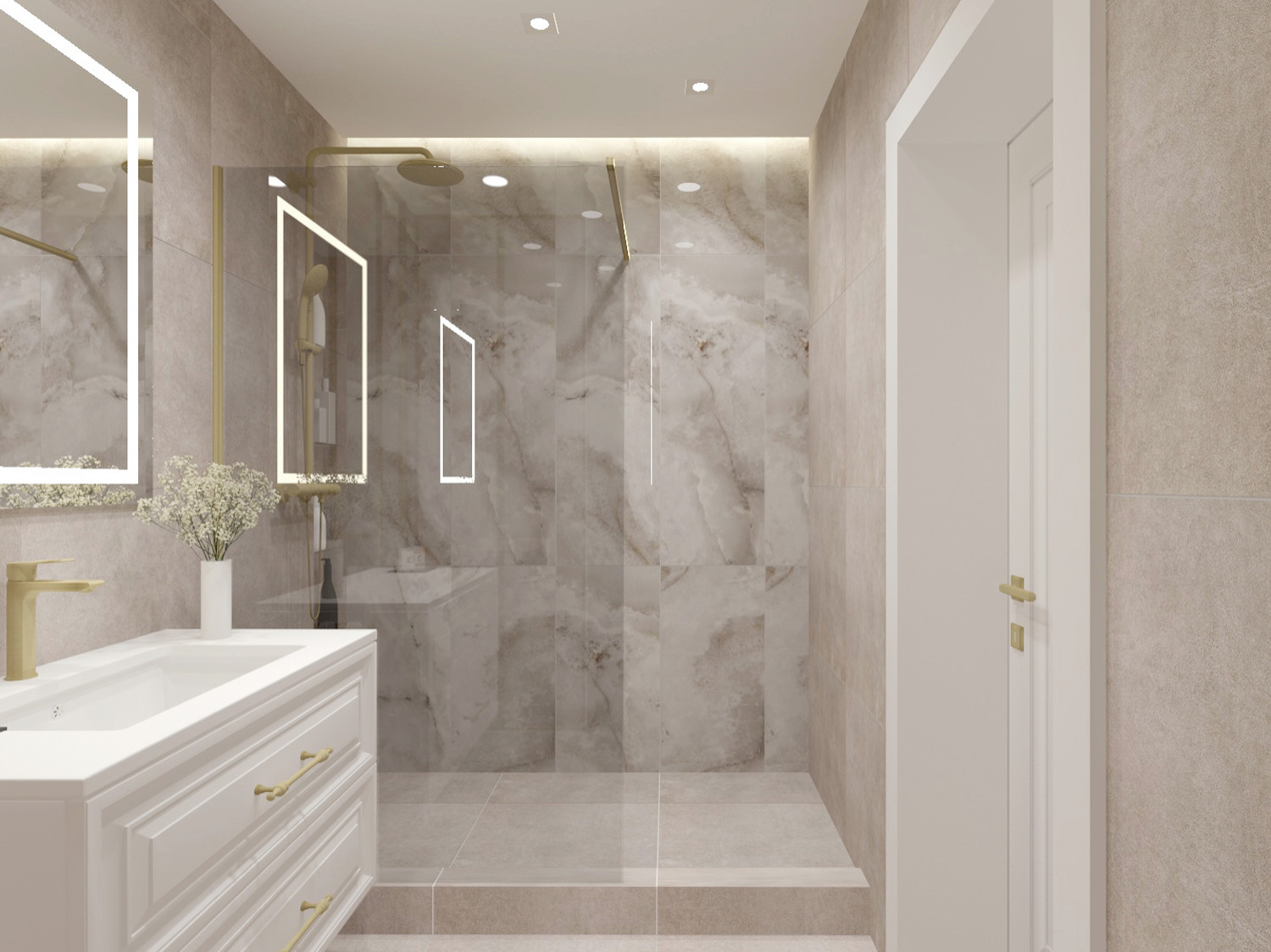 Санузел с просторной душевой в интерьере 2-х комнатной квартиры.