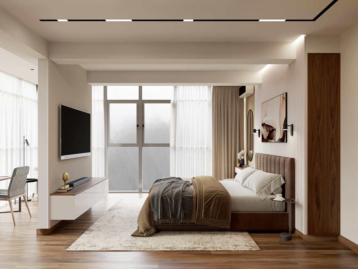 Современная городская квартира с панорамным остеклением в стиле ар-деко