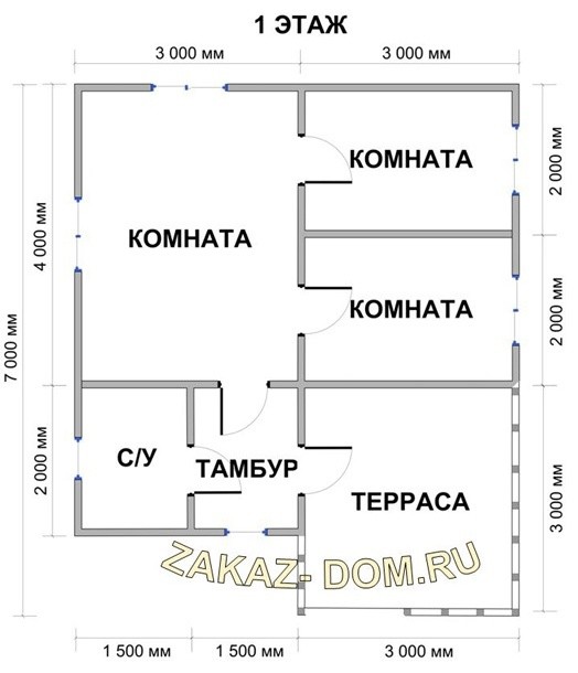 Одноэтажный Дом из бруса (6х7 м) - Проект № Д-19