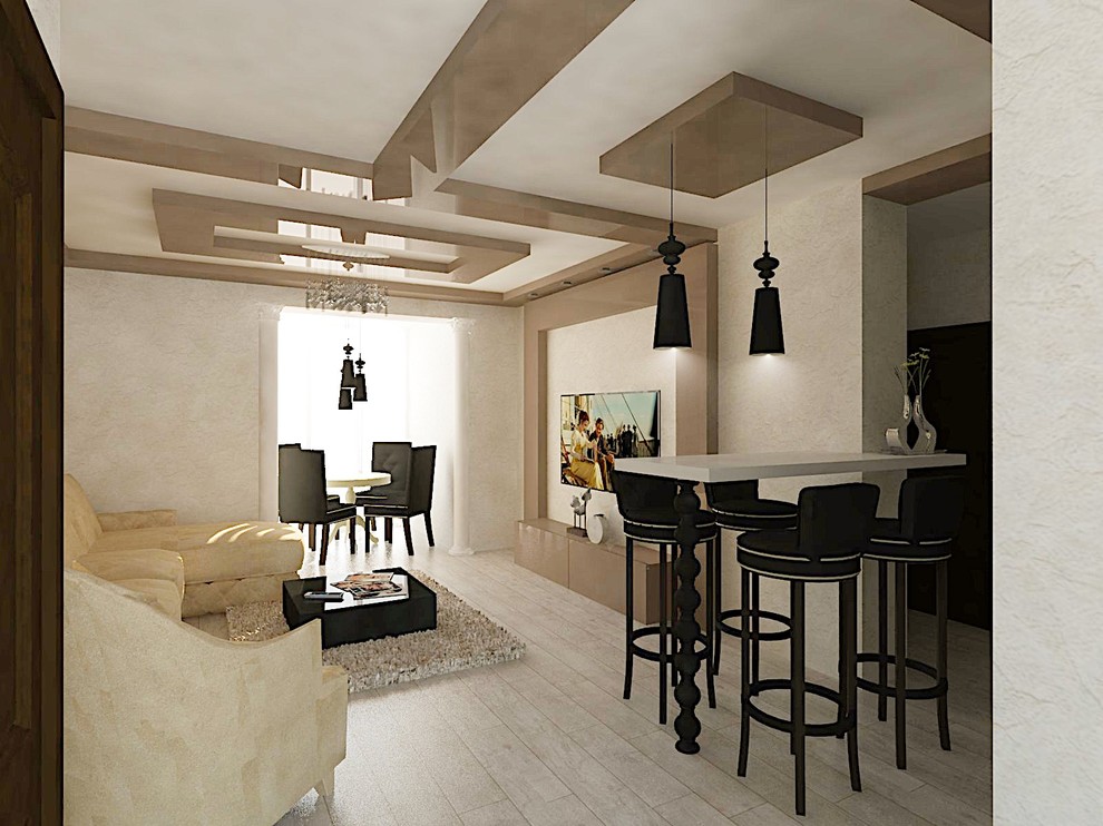 Объединение пространства коридора, кухни и гостиной