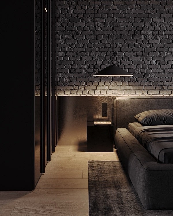 Акцентная стена фактурной штукатуркой под кирпич в сочетании с матовыми стенами