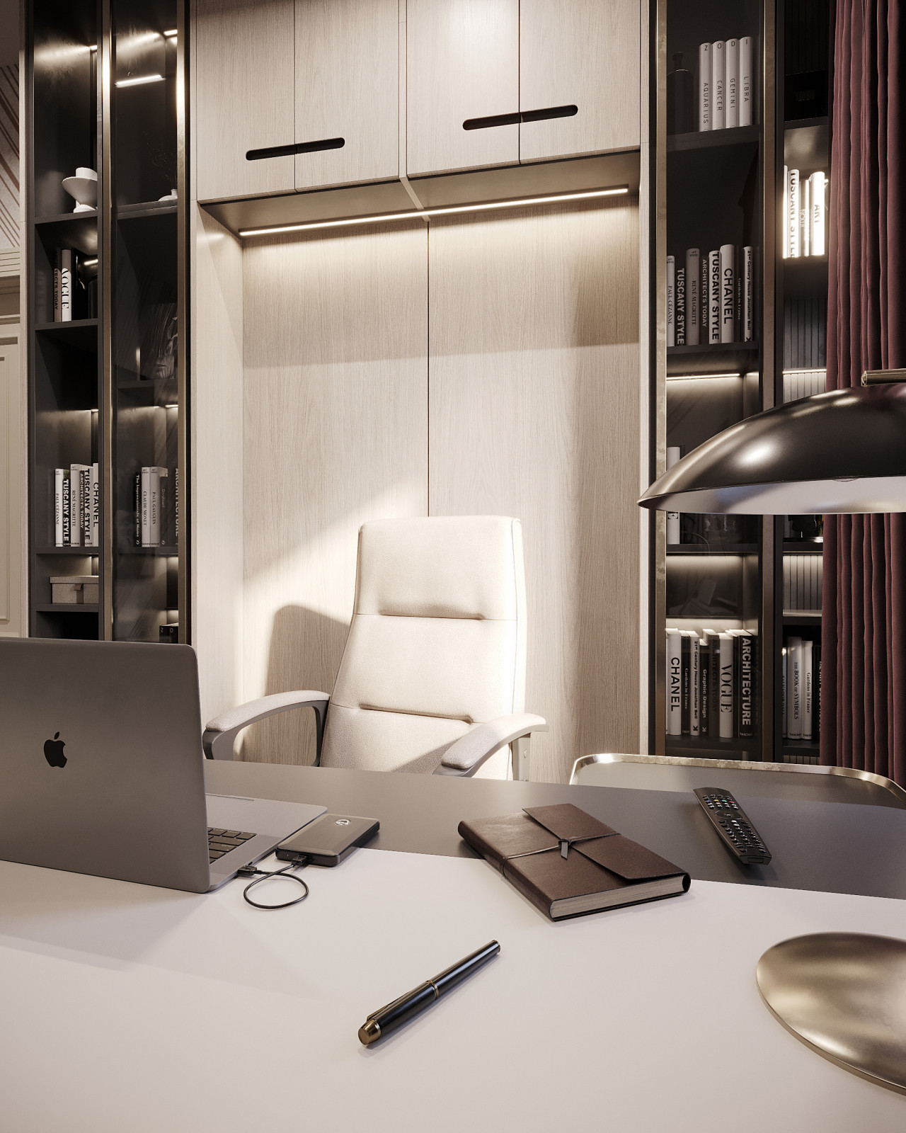 Дизайн и 3д-визуализация кабинета в загородном доме. Вариант 1.