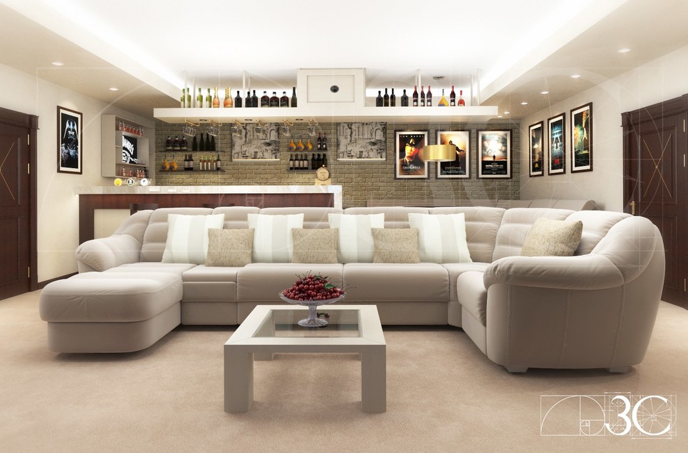 Домашний кинотеатр с баром в светлых тонах