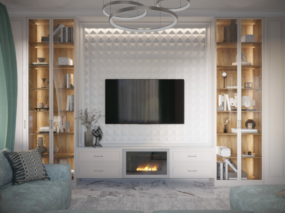 Обложка проекта: Мятная неоклассика. Кухня-гостиная в загородном доме.