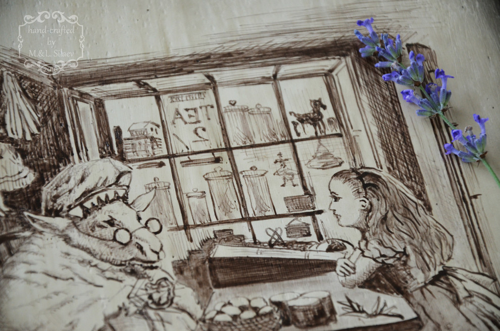 Рисунки в авторской технике на дубовой доске. "Алиса в зазеркалье", сюжеты Д. Тэ