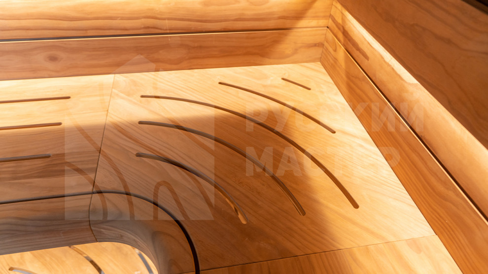 Сауна с изогнутыми полками из новозеландской сосны Pino Premio