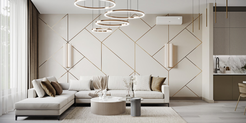 Светлая кухня-гостиная частного дома