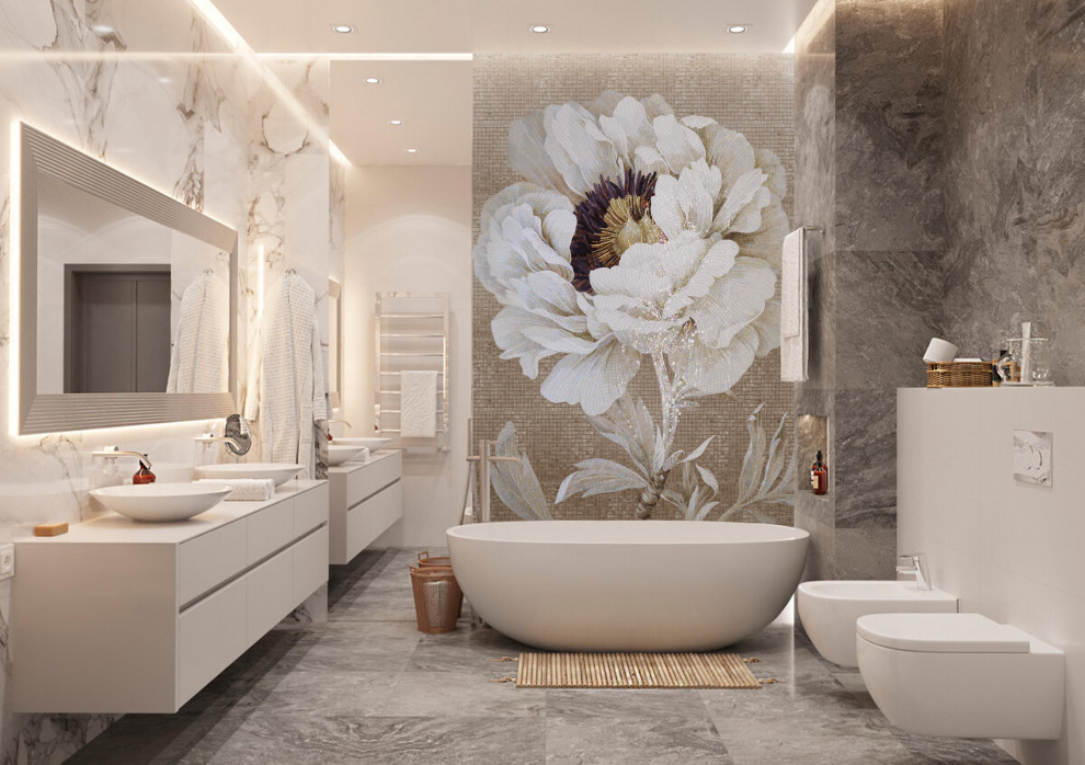 Обложка проекта: Художественное панно из мозаики "Белый махровый пион" Фон Античное золото