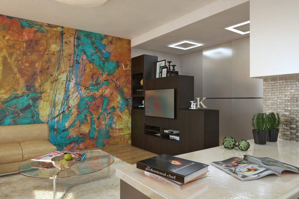 Современный дизайн гостиной с настенной росписью