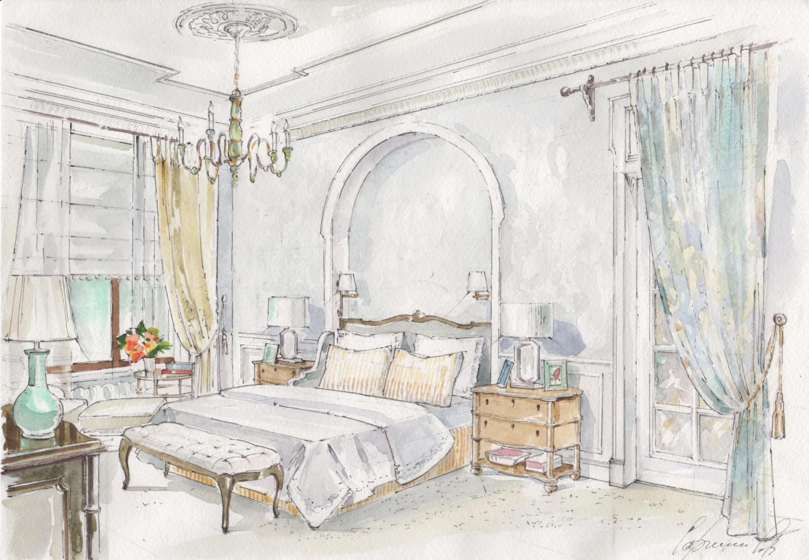 Акварельные эскизы к проекту: Загородного дома в стиле Прованс.