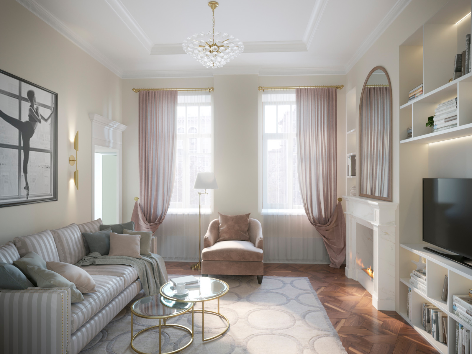 Гостиная с камином в старом фонде