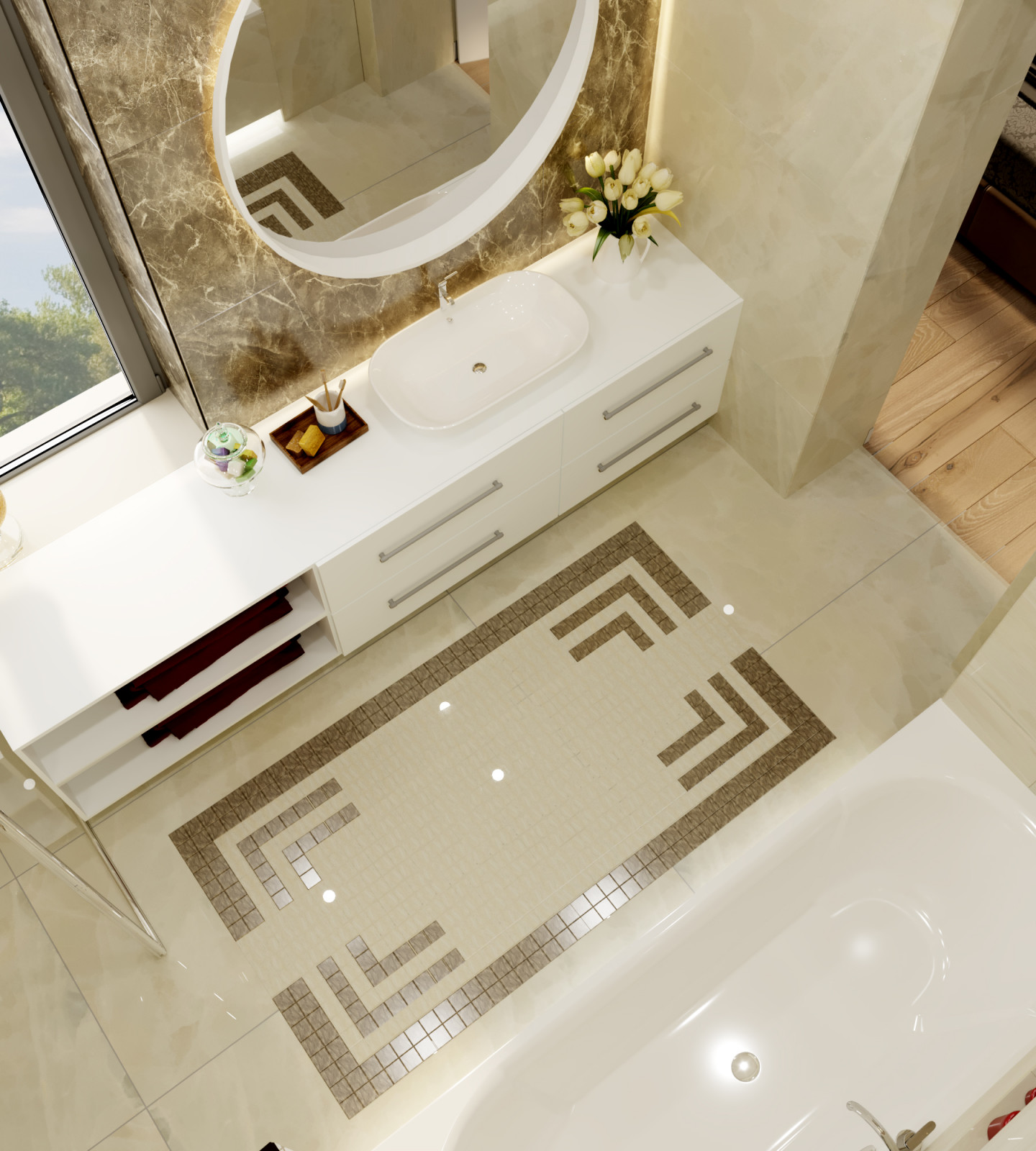 Ванная комната со светлой отделкой под мрамор