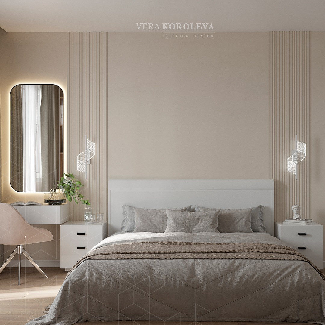 Светлая спальня с большой двуспальной кроватью, прикроватные тумбы в современном