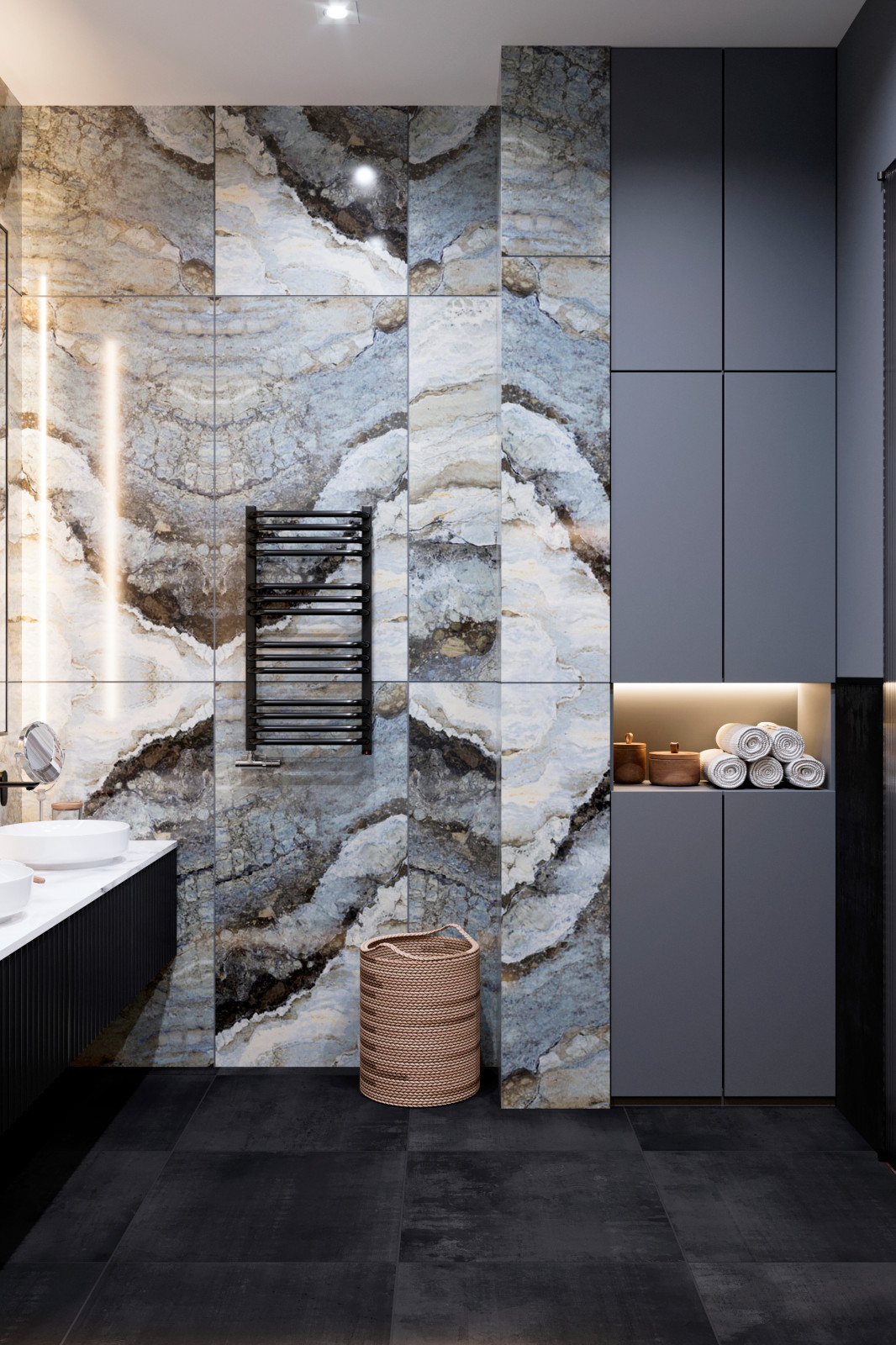 Ванная комната с гардеробной (мастер спальня). Ванная отделана керамогранитом