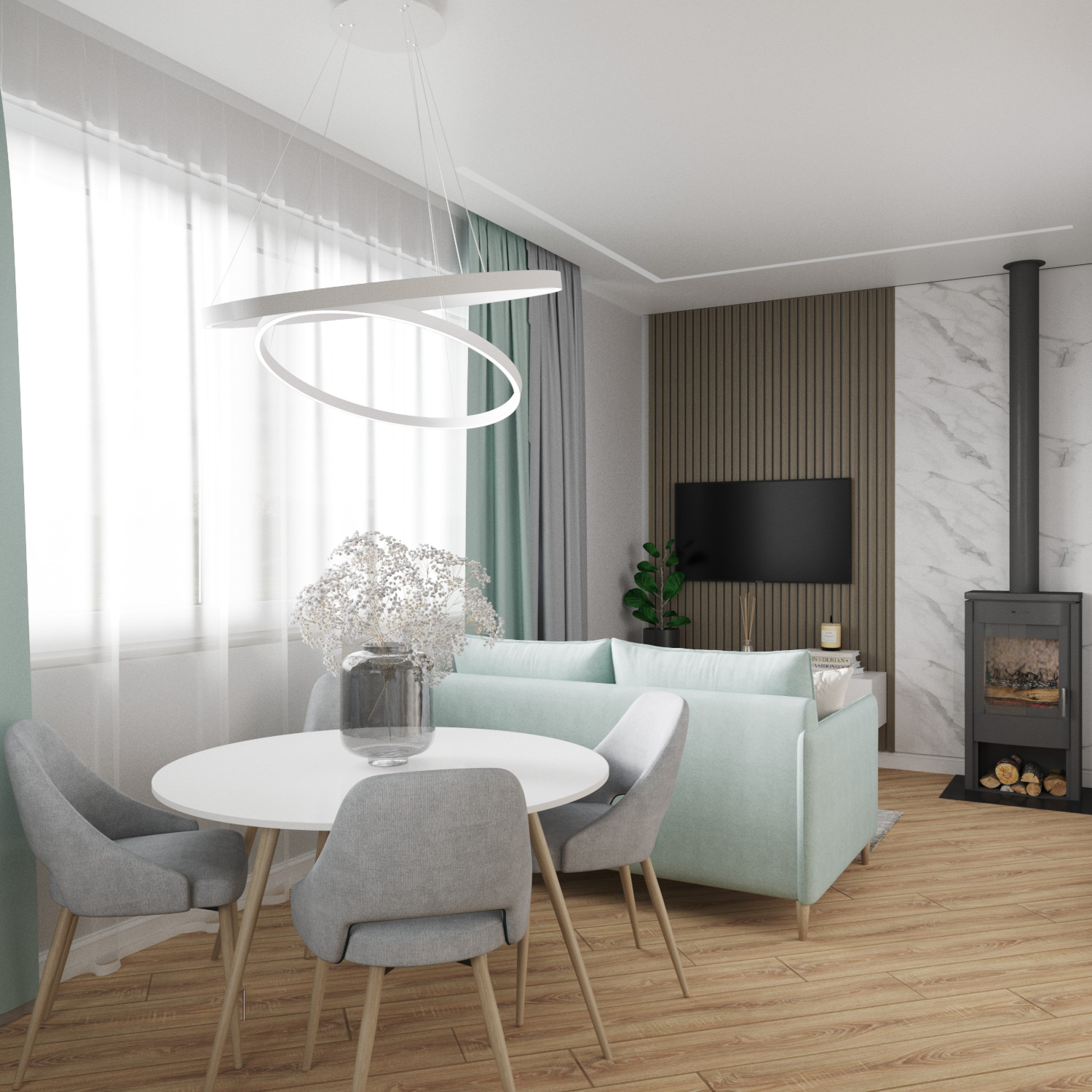 Светлая кухня-гостиная в загородном доме