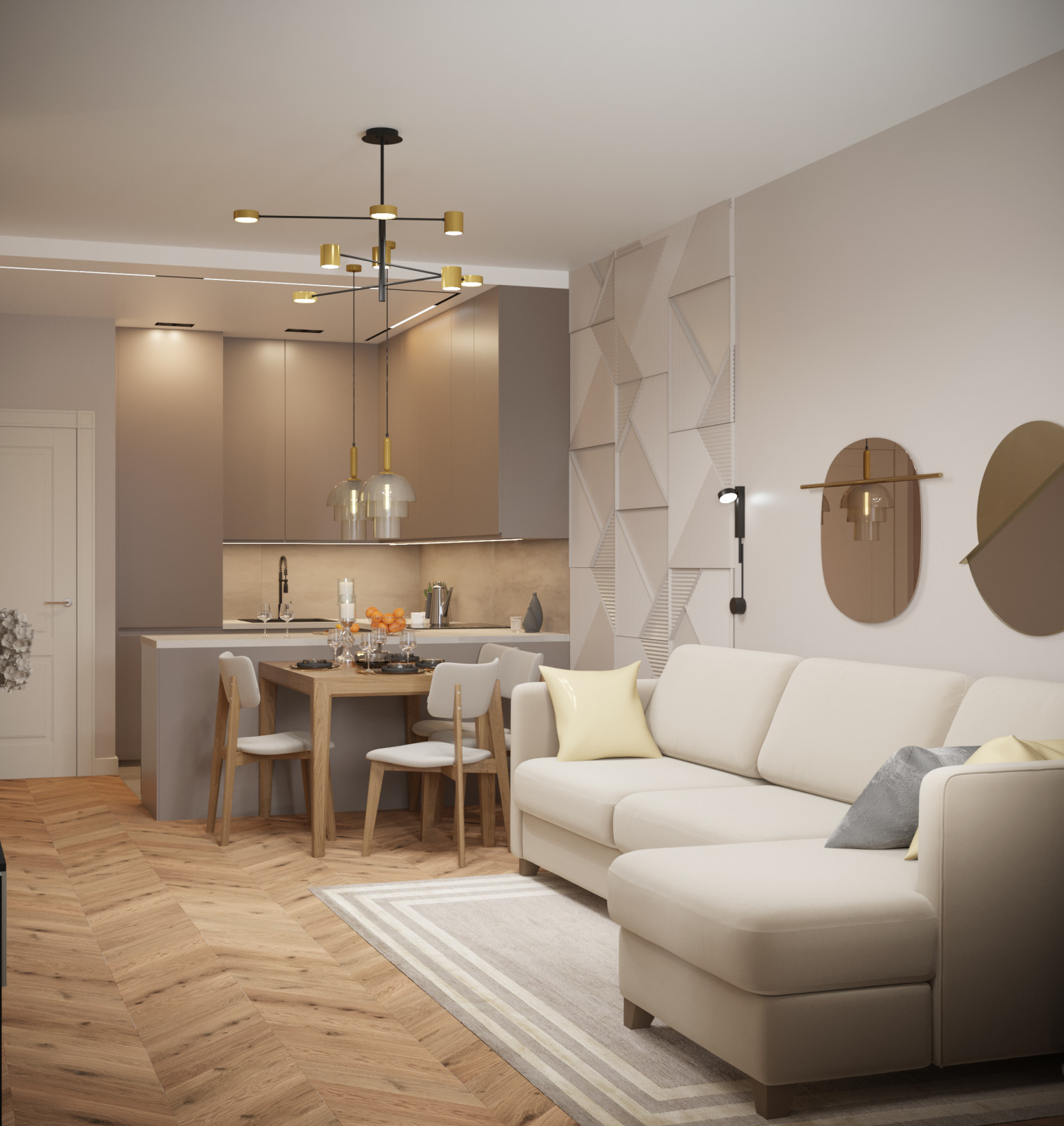 кухня в серо-бежевой гамме с 3d панно