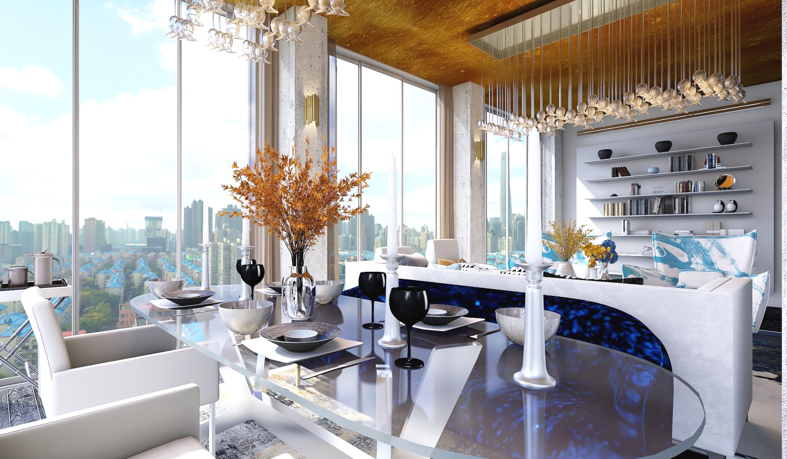 Большая гостиная с золотым потолком