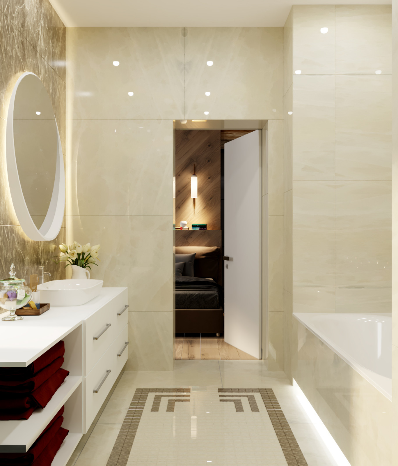 Ванная комната со светлой отделкой под мрамор