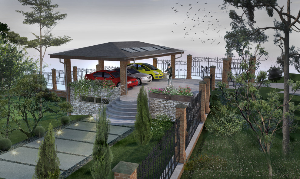 Навес для трёх авто на рельефе с цокольным этажом в Велегож- парк 2 Тульской обл