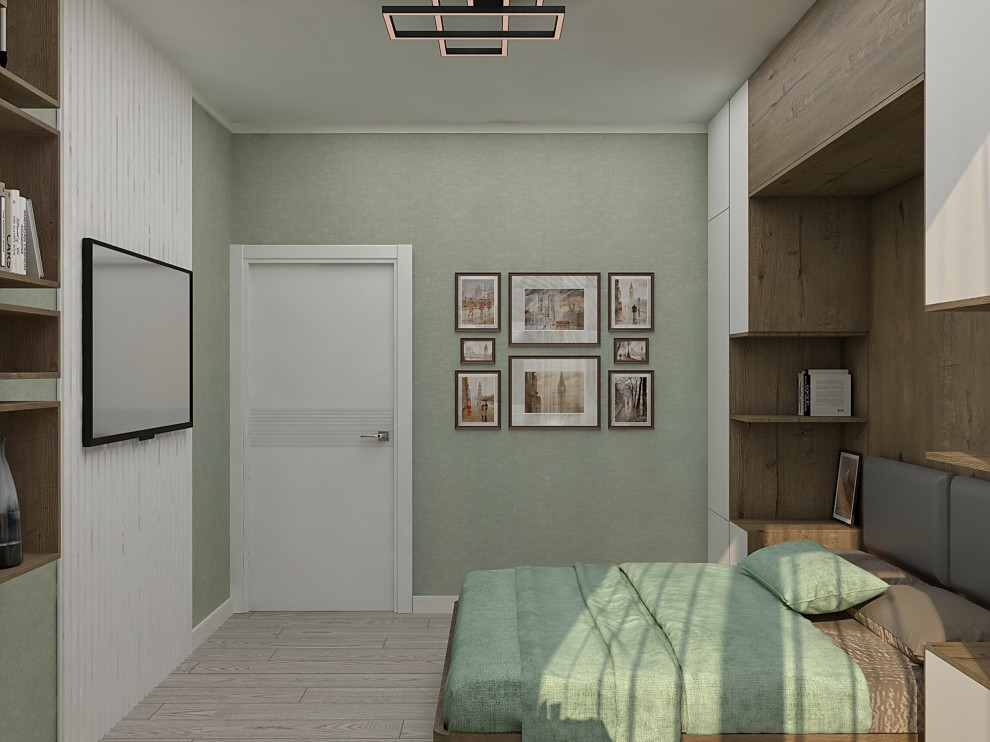 Спальня с системой хранения в изголовье кровати