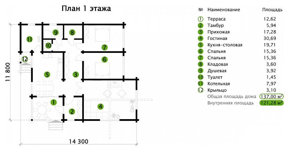 Одноэтажный дом из клееного бруса | Пегас 137