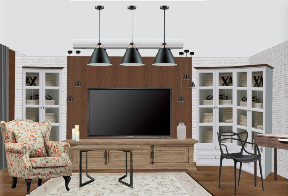 Обложка проекта: Эскизный проект гостиной (коллажи и 3D-визуализация)